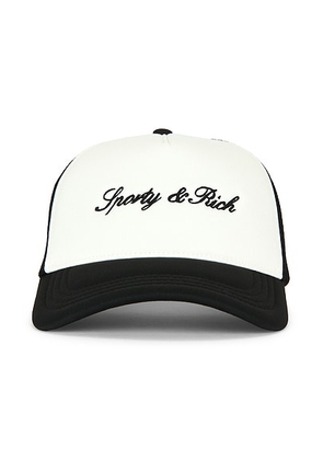 Sporty & Rich Signature Logo Trucker Hat in White & Black - Black & White. Size all.