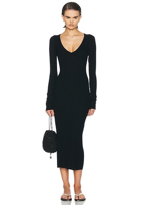 Eterne V Neck Butter Rib Midi Dress in Black - Black. Size S (also in XS, M, L, XL).
