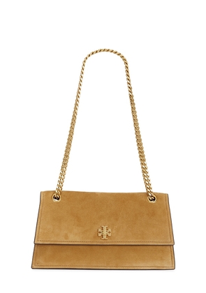Tory Burch Kira Turnlock Suede Shoulder Bag in Tan.
