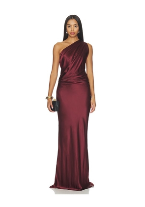 The Sei Draped One Shoulder Gown in Burgundy. Size 0. Also in 2, 4, 8.
