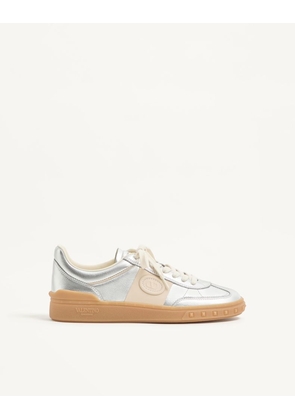 Valentino Garavani Upvillage Trainer In Laminated Calfskin With Nappa Calfskin Leather Band Woman SILVER/IVORY 39