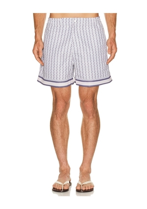 CHE Galliano Border Swim Short in Blue. Size S. Also in M, L, XL/1X.