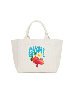 Ganni Medium Trapeze Shopper Strawberry Print in Cream.