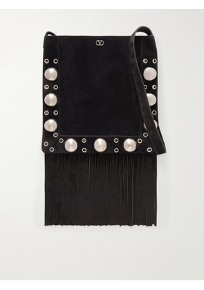 Valentino Garavani - Nellcote Medium Fringed Studded Suede Shoulder Bag - Black - One size
