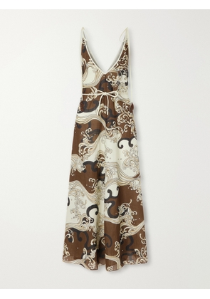ALÉMAIS - Otis Printed Ramie Midi Dress - Brown - UK 6,UK 8,UK 10,UK 12,UK 14