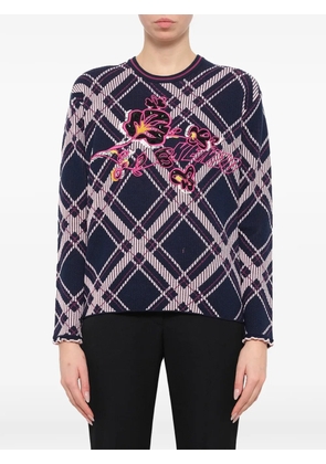 Kenzo check-pattern floral-embroidered sweater - Blue