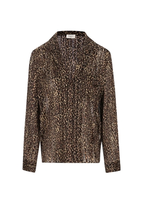 Saint Laurent blouse with a pajama collar and covered buttons, decorated with a lurex-stripe leopard-print motif. - Brown