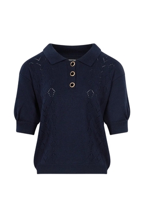 Alessandra Rich pointelle-knit puff-sleeve polo top - Blue