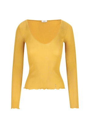 Saint Laurent Cassandre V-neck top in ribbed silk - Yellow