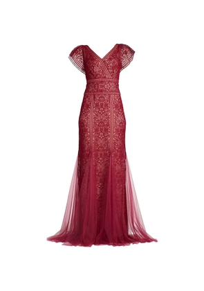 Tadashi Shoji Taryn Trackwork lace-overlay maxi gown - Red