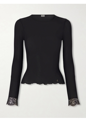 SAINT LAURENT - Lace-trimmed Ribbed-knit Silk T-shirt - Black - XS,S,M,L,XL