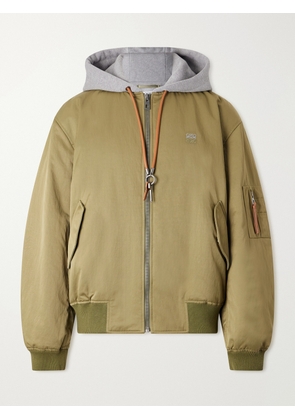 LOEWE - Anagram-Embroidered Leather and Jersey-Trimmed Satin Bomber Jacket - Men - Green - IT 46