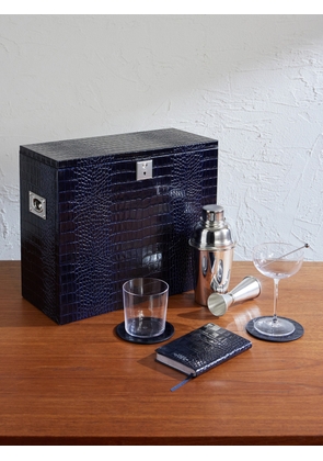 Smythson - Silver-Plated and Croc-Effect Leather Cocktail Set - Men - Blue