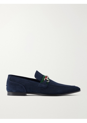 Gucci - Como Horsebit-Embellished Web-Trimmed Suede Loafers - Men - Blue - UK 7