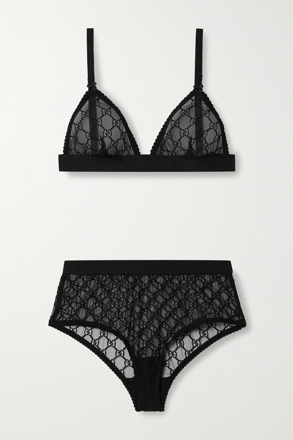 Gucci, Embroidered Tulle Bra And Briefs Set, Black