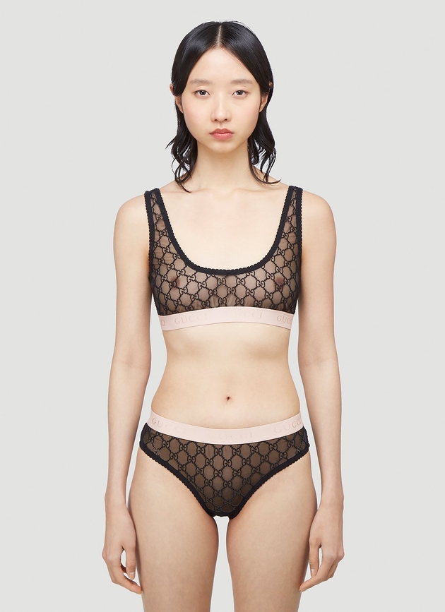 Gucci Gg Logo Sheer-lace Lingerie Set - Woman Underwear Black Xs