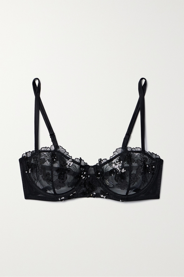 Fleur du Mal, + Net Sustain Embellished Embroidered Recycled-tulle  Underwired Soft-cup Bra, Black, 32B,34B,36B,38B,32C,34C,36C,38C,32D,34D,36D,32DD,34DD