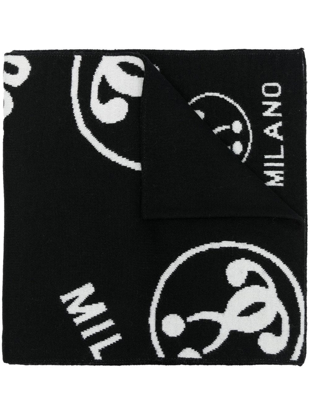 black and white logo intarsia wool blend scarf