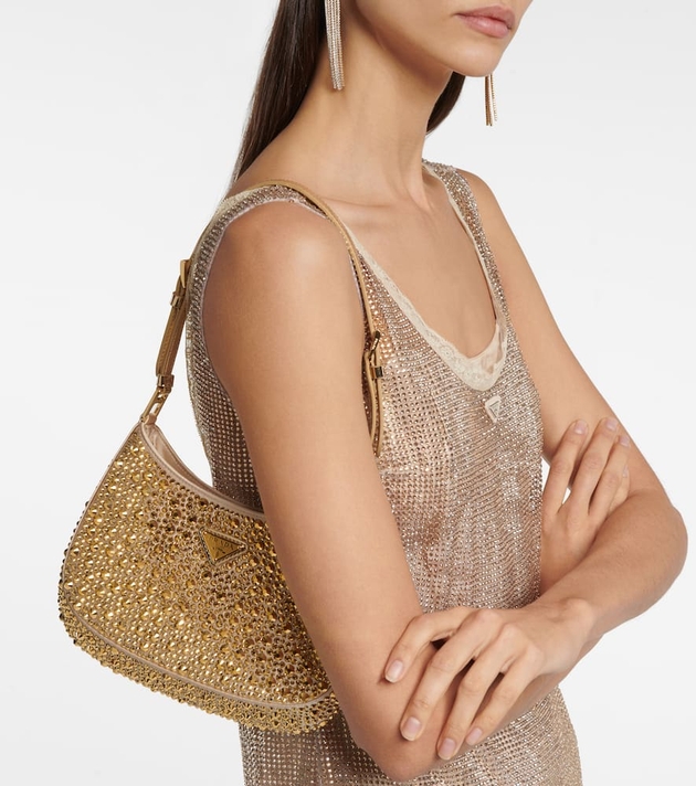 Triangle Mini Embellished Satin Shoulder Bag in Gold - Prada, Mytheresa