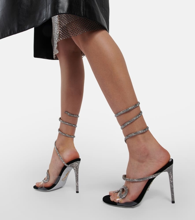 Rene Caovilla Crystal-Embellished Leather Snake Sandals - Luxed