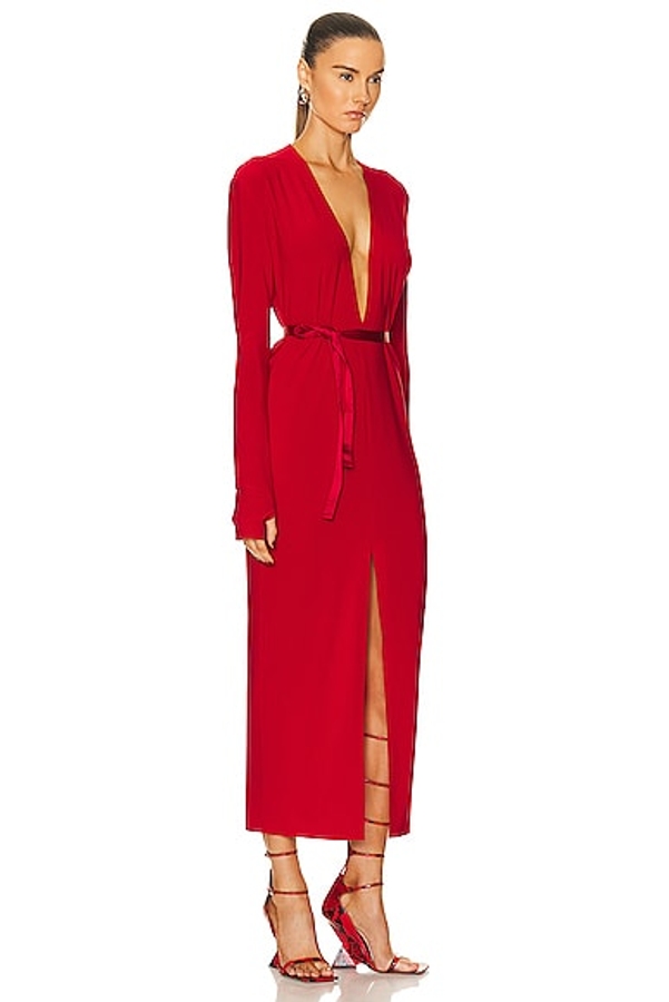 Norma Kamali Long Sleeve Deep V Neck Center Front Slit Gown in Tiger Red, Red. Size M (also in ).