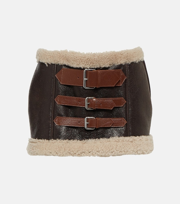 Leather-trimmed shearling miniskirt