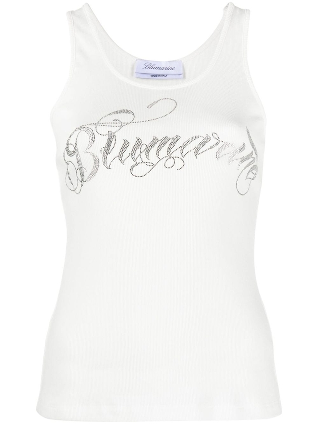 Miss Blumarine rhinestones-logo floral-appliqué dress - White