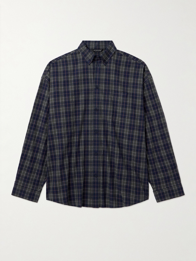 Balenciaga Oversized Button Down Collar Logo Print Checked Cotton Flannel Shirt Men Blue 1 MILANSTYLE.COM