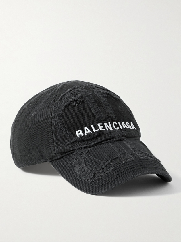 Balenciaga BB Distressed Logo Embroidered Cotton Twill Baseball Cap Men Black S MILANSTYLE.COM