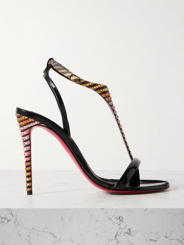 Christian Louboutin - Athina 100 Patent Leather-trimmed Crystal-embellished Striped Satin Sandals - Black - IT36,IT37,IT37.5,IT38,IT38.5,IT39,IT39.5,IT40,IT41,IT42