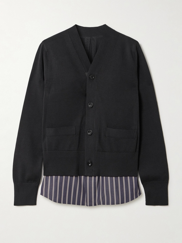 Sacai - Layered Striped Cotton Poplin-trimmed Cotton-blend Jersey Cardigan - Black - 1,2,3,4